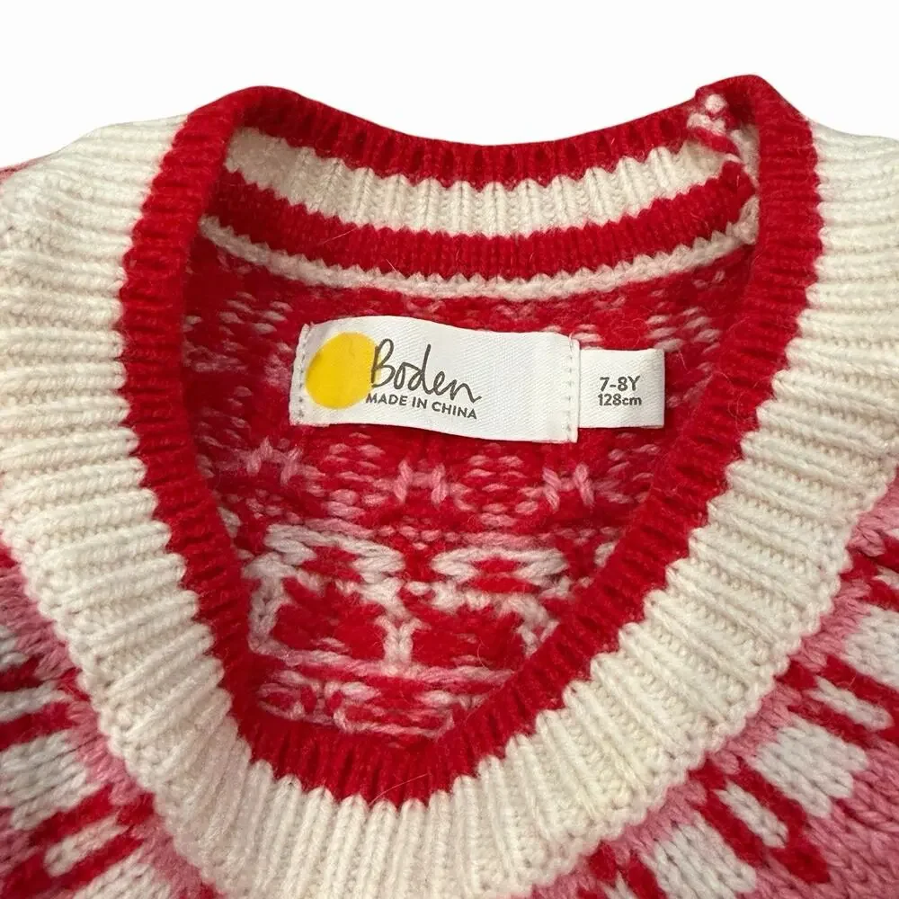Boden Girls Wool Blend Fair Isle Pink White Red Pom Pom Crew Neck Sweater 6-7